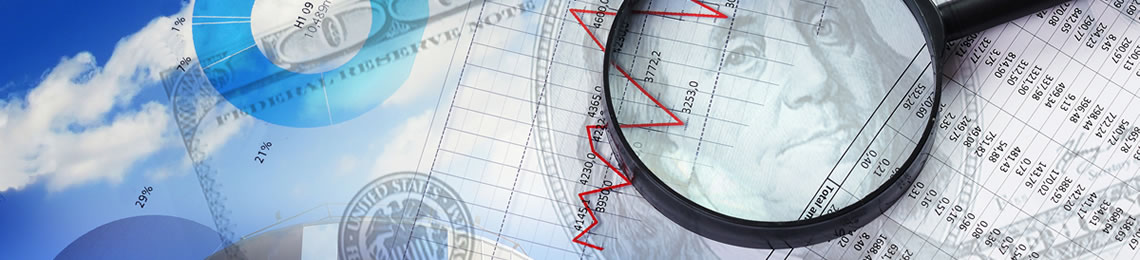 collage photo of clouds, 100 dollar bill, financial report and magnifying glass